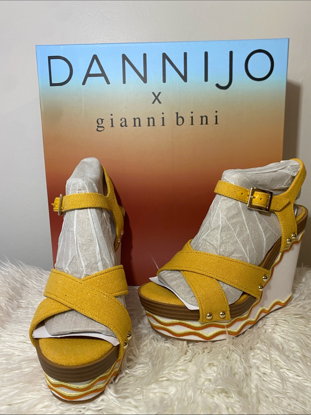Gianni Bini Mustard Yellow Platform Wedge Sandals